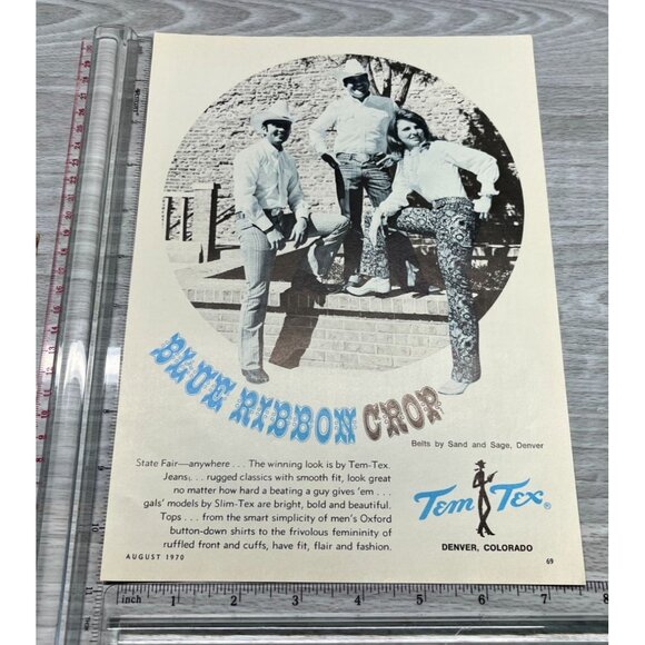 Tem-Tex Vintage Print Ad 1970s Blue Ribbon Crop Denim Jeans Cowboys Cowgirl - Picture 2 of 6